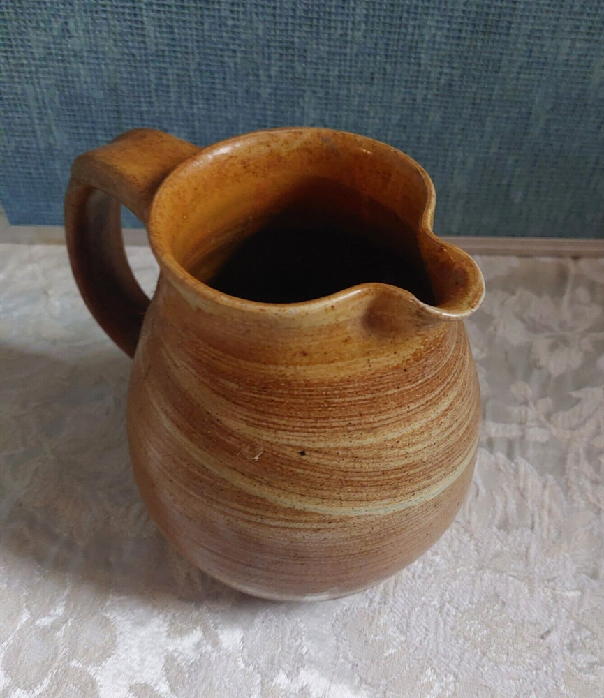 Pitcher Signed Studio Art Pottery Brown Drip Glaze Handcrafted 6"