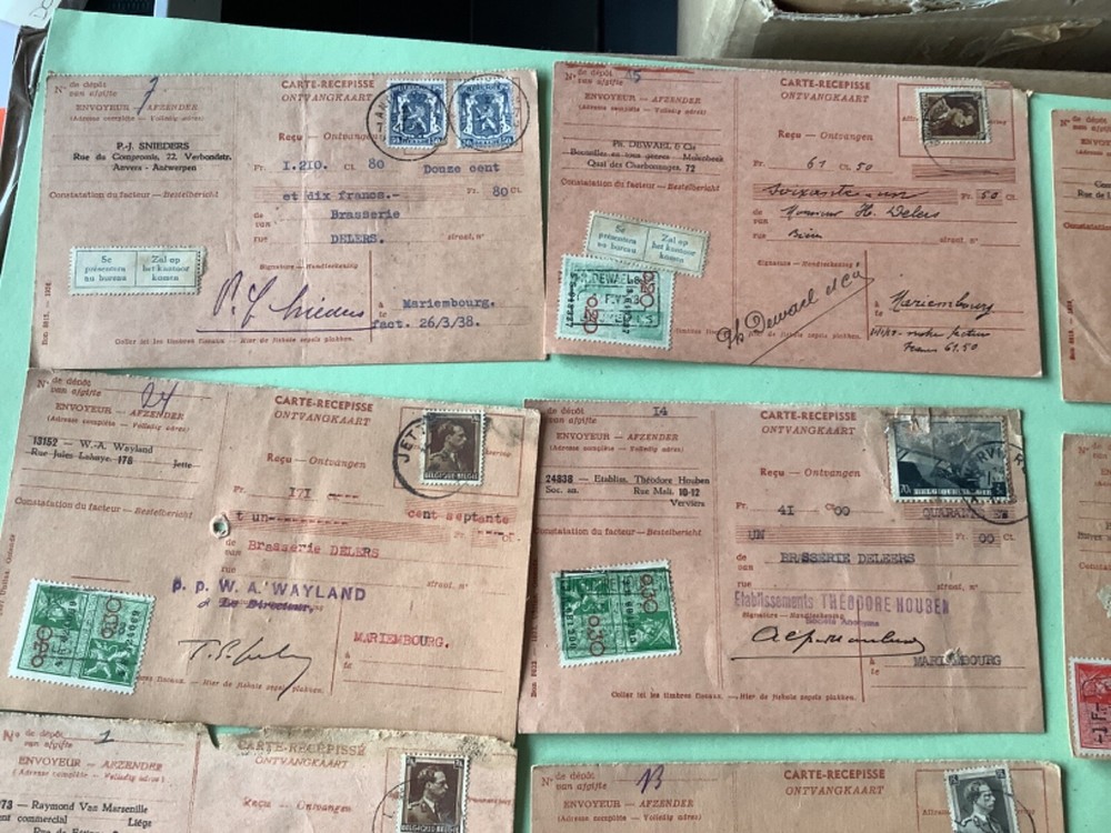 Belgium packet post receipts mostly 1938 11 item Ref A1974