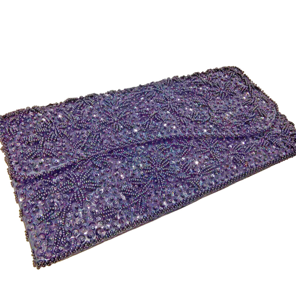 VTG Beaded & Sequins Evening Clutch Deep Black Purse Snap Lock Closure