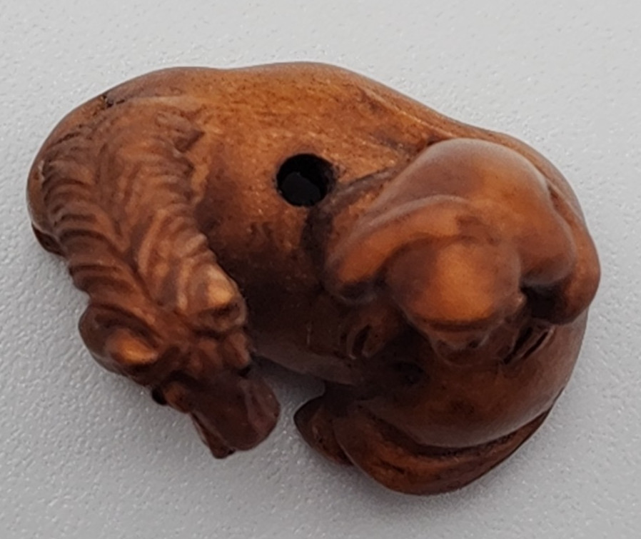 Ojime Bead? Carved Wood Monkey on Horse 2.5 cm Wide x 2.5 cm Tall Signed