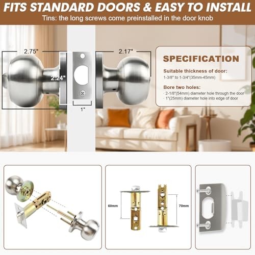 Privacy Door Knobs Satin Nickel Door Knobs with Lock, Bed and Bath Door 4 Pack