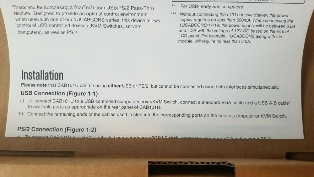 StarTech CAB101U rackmount USB/PS2 Pass-Thru for 1UCABCONS Series