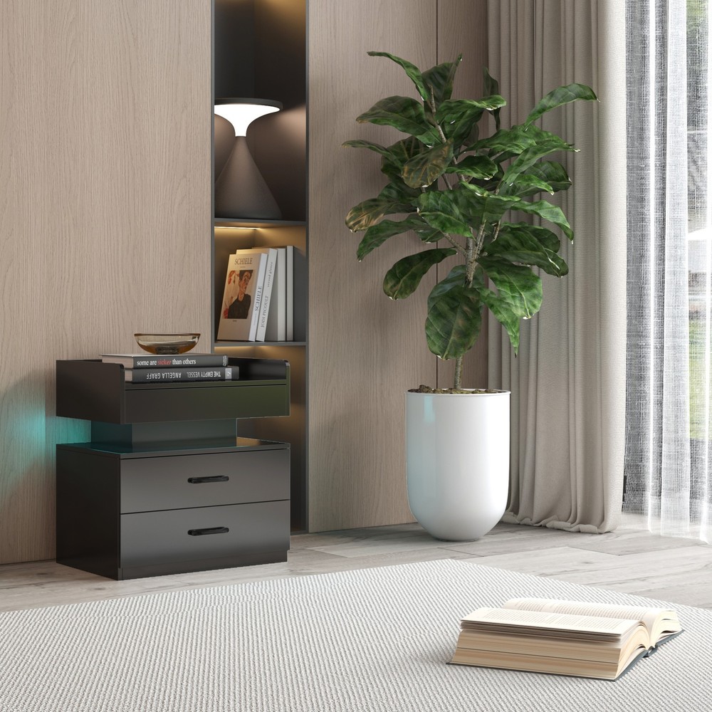 Nightstand with Adjustable LED Strip Light, 2-drawers for Bedside Table Black