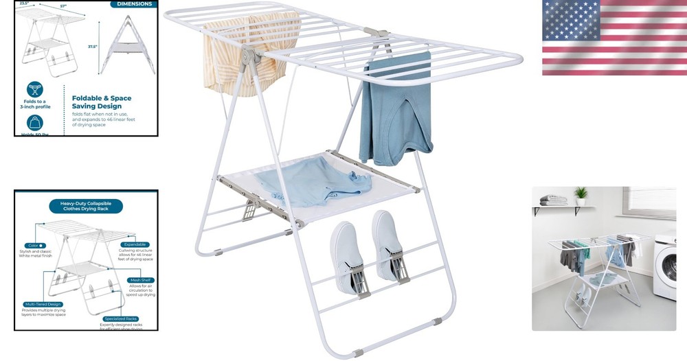 Space-Saving Gullwing Laundry Drying Rack – Heavy-Duty, 46ft Drying Space, White