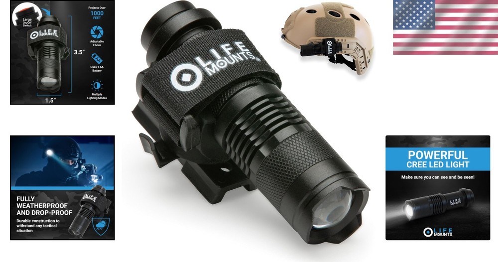 Bright White LED Helmet Light - 1000ft Beam - Weatherproof