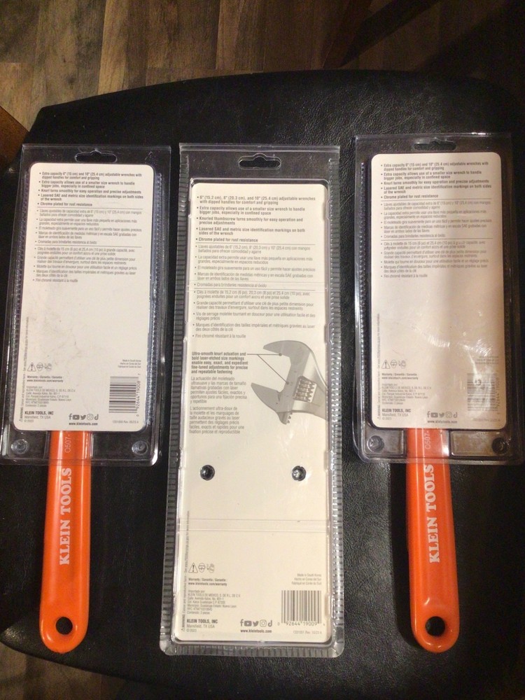 New 3 Klein Tools 1- D5073 2-D5072Extra-Capacity Adjustable Wrenches, 7 Pieces