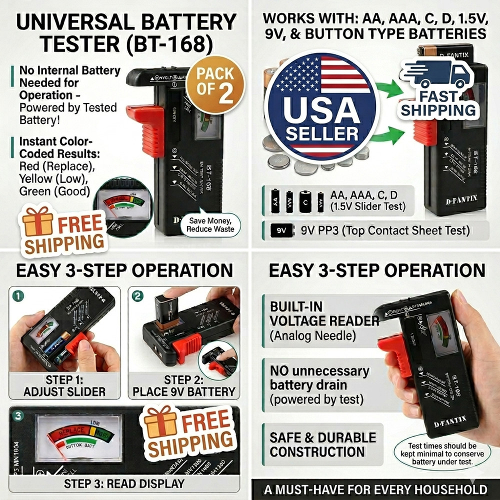 [2 PACK]Universal Battery Tester Checker for AA AAA C D 9V Button Cell-NO BATT