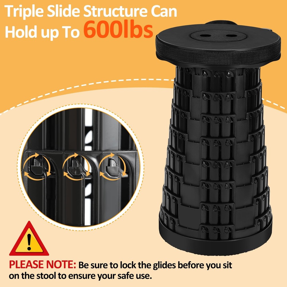 Collapsible Stool - Upgraded with 3 Slides Load Capacity 600lbs, Folding Camp...