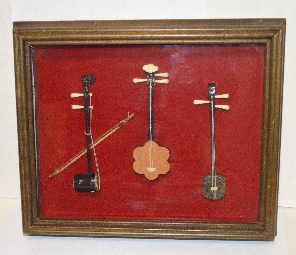 Vintage Asian Chinese DYNASTY Miniature Stringed Musical Instruments Shadow Box