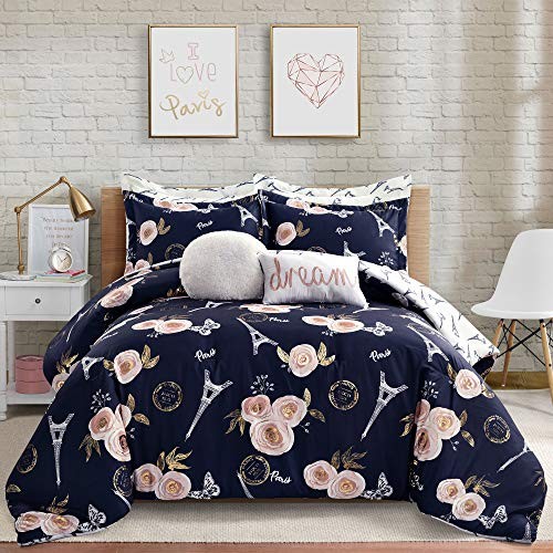 Vintage Paris Rose Butterfly Script Reversible Full/Queen Navy Comforter Set