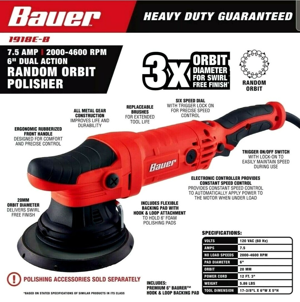 Bauer 20MM 6" 7.5 Amp Dual Action Random Orbit Polisher Buffer Variable Speed