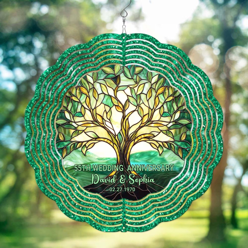 Personalized 55th Anniversary Gift For Parent, Emerald Wedding Wind Spinner, 55