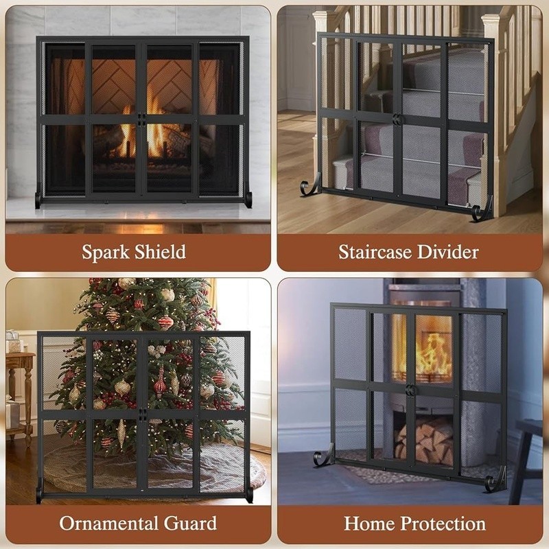 Fireplace Screen Sliding Doors Wrought Iron Spark Guard Gate Protector Pets Kids