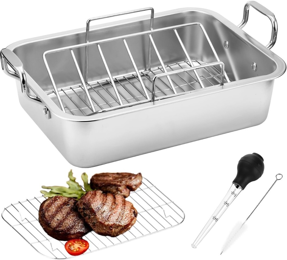 Stainless Steel Roasting Pan Set with V-Rack - 20lb Capacity