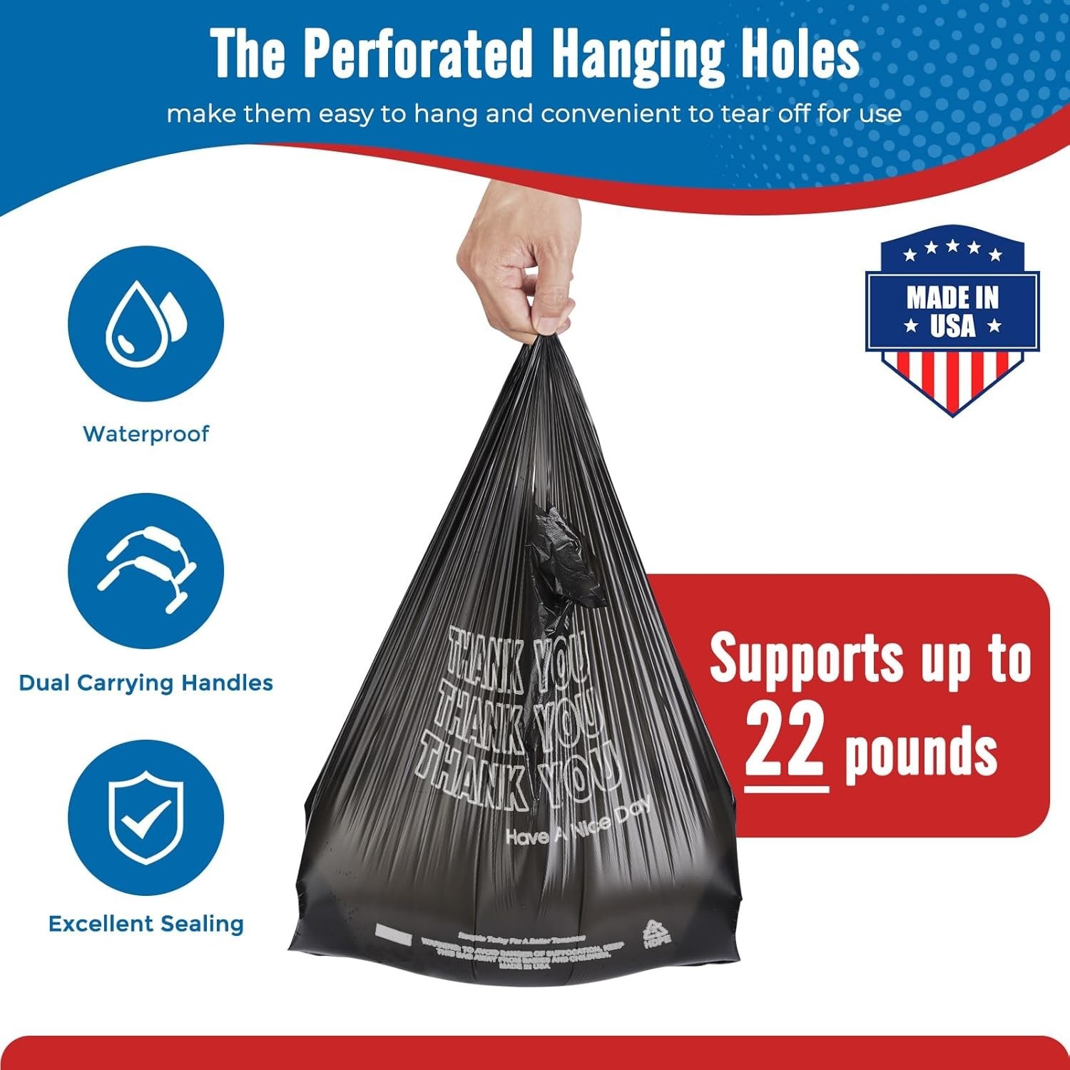 1000 Black Thank You T-Shirt Bags 12" x 6.5" x 21" Plastic Grocery Shopping Bags