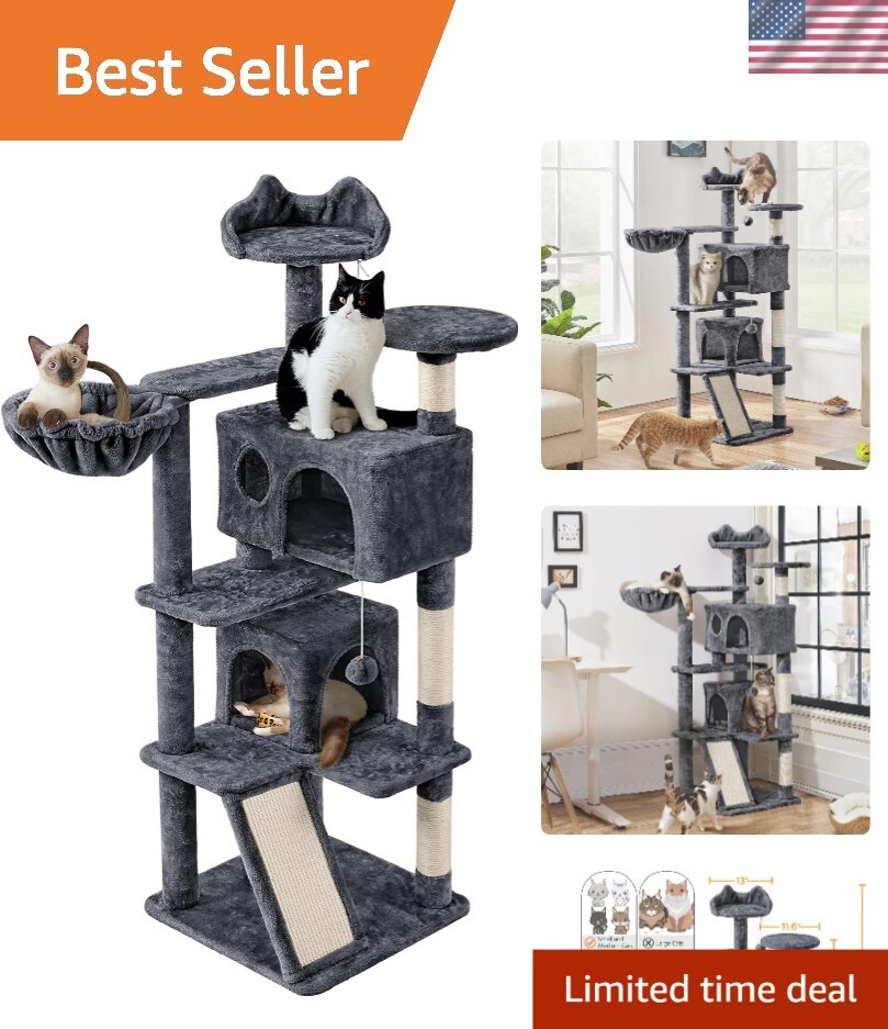 57-Inch Multi-Level Cat Tree Tower with 3 Padded Perches & 2 Condos - Dark Gray