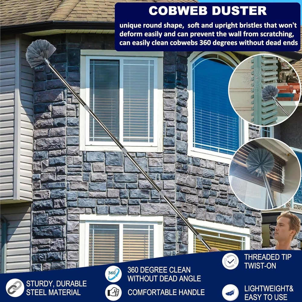 20 Ft+ High Reach Cobweb Dusting Kit with 3-14 Ft Extension Pole/Spider Web