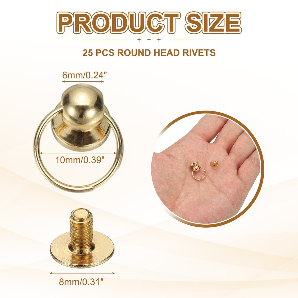 25 Pcs 0.31" Screwback Round Head Rivet with Single Ring , Light Gold