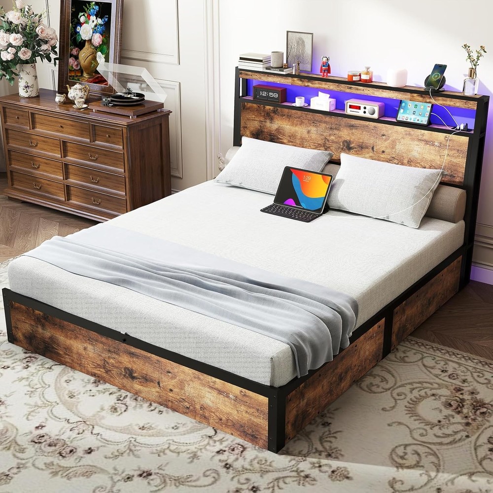 Lift Up Storage Bed Frame Headboard Platform with AC &Type-C & USB Charging