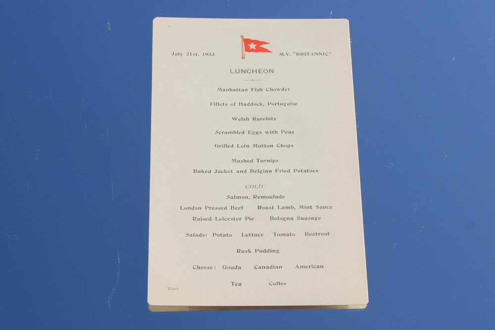 WHITE STAR LINE MV BRITANNIC ORIGINAL ONBOARD THIRD CLASS MENU 21/07/33 LUNCHEON