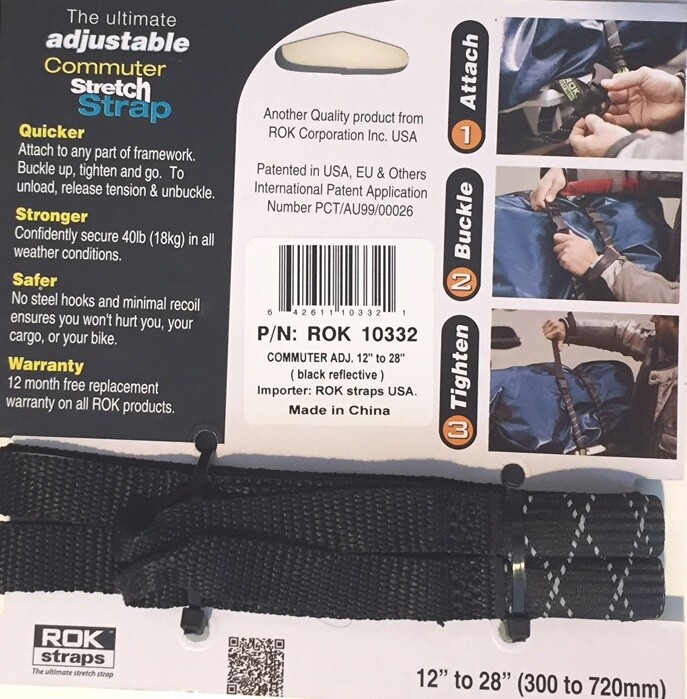 ROK Straps Commuter Stretch Straps Adj 12"-28" x 3/8 Black Reflective