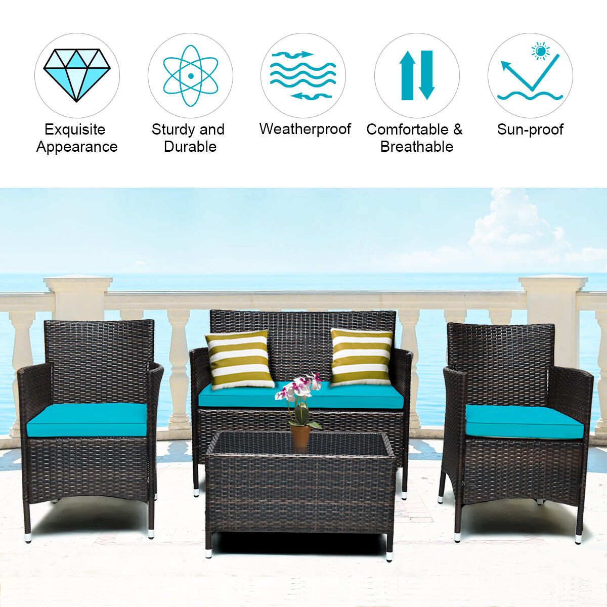 Patiojoy 4PCS Rattan Patio Furniture Set Cushioned Sofa Chair W/ TableTurquoise
