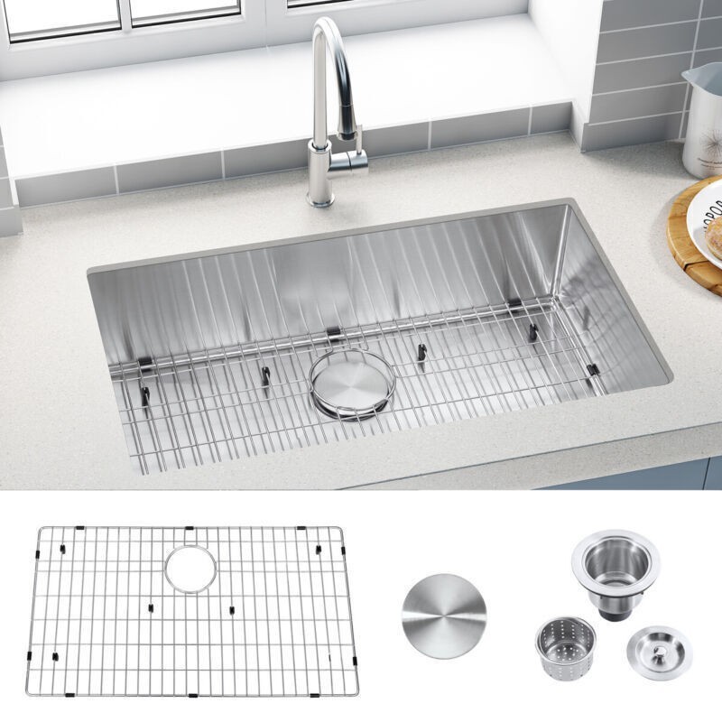 32" Large Rectangle Kitchen Sink Single Bowl Undermount Stainless Steel Basin