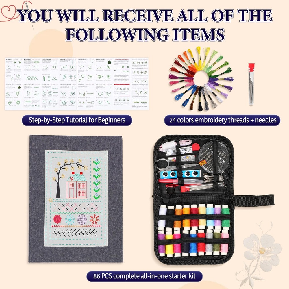 Embroidery Stitch Book Kit 106 Patterns w/ Tools Tutorial Beginner Sewing DIY