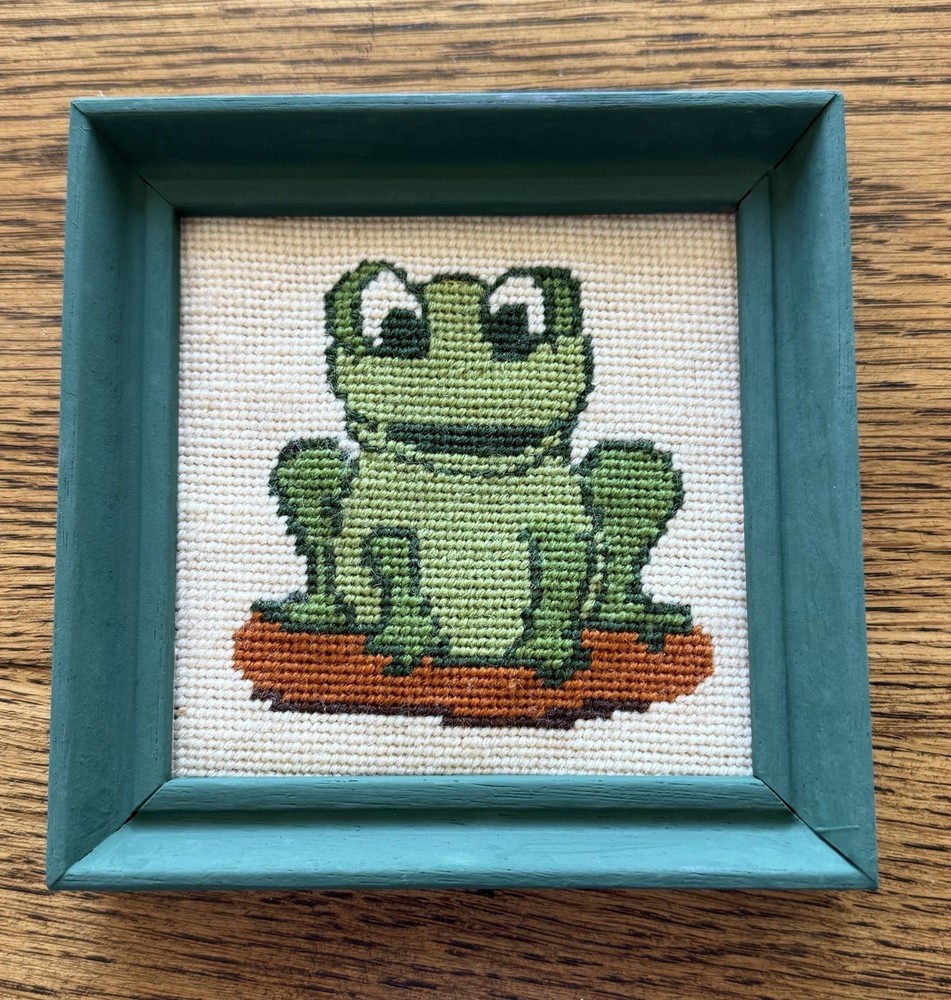 Vintage Frog Needlepoint Mini Wood Frame