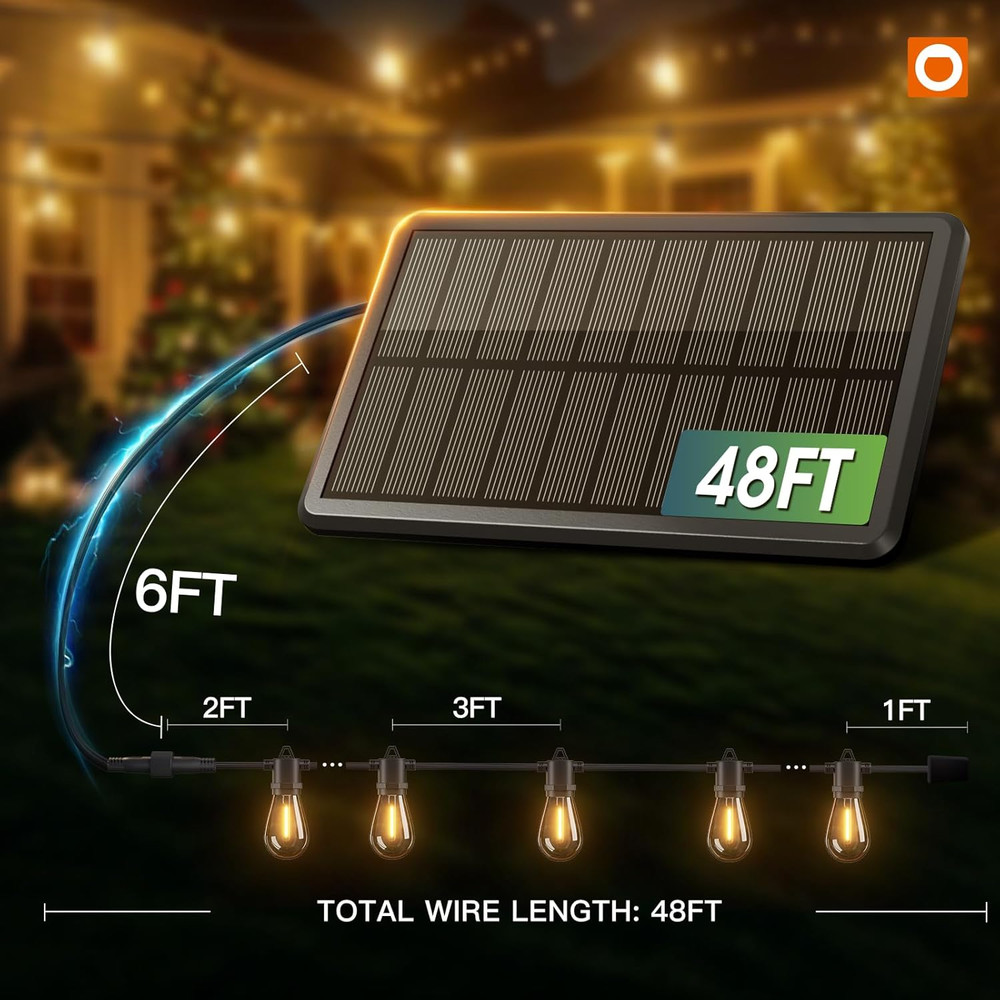 54FT Solar String Lights with USB & Remote - Waterproof Dimmable LED Bulbs