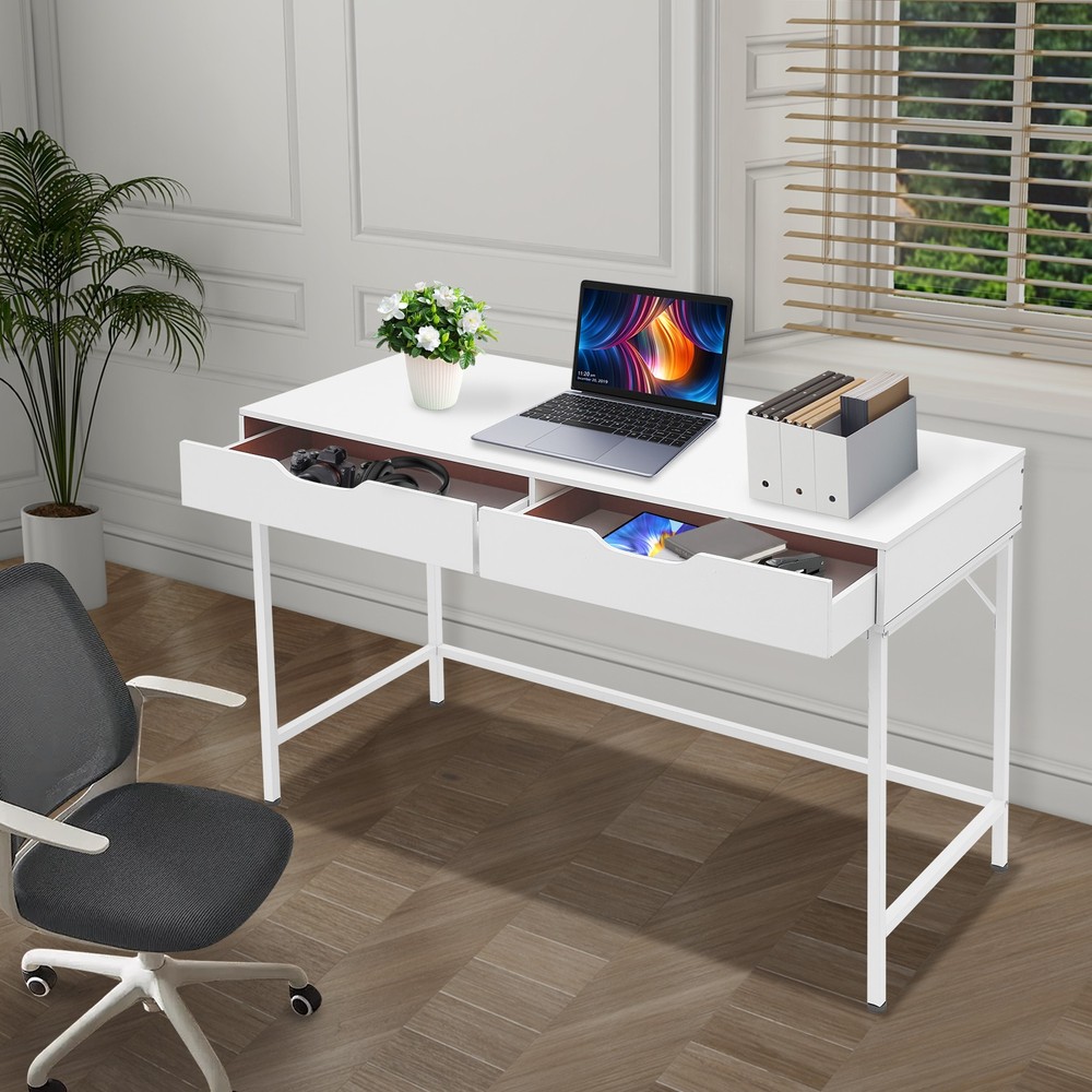 Computer Desk with 2 Drawers & Metal Frame Modern Study Writing Office Table