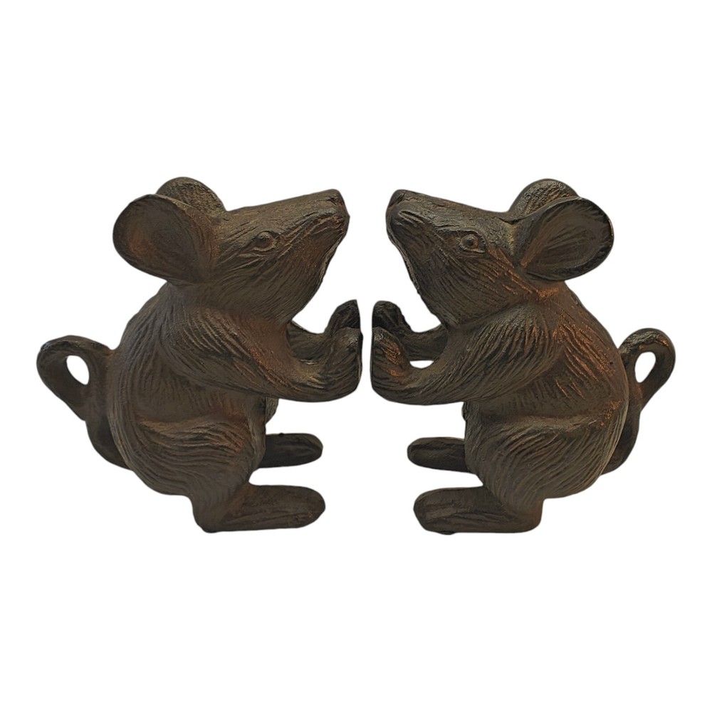 2 Rustic Cast Iron Mouse Rat Bookend Door Stop Paperweight