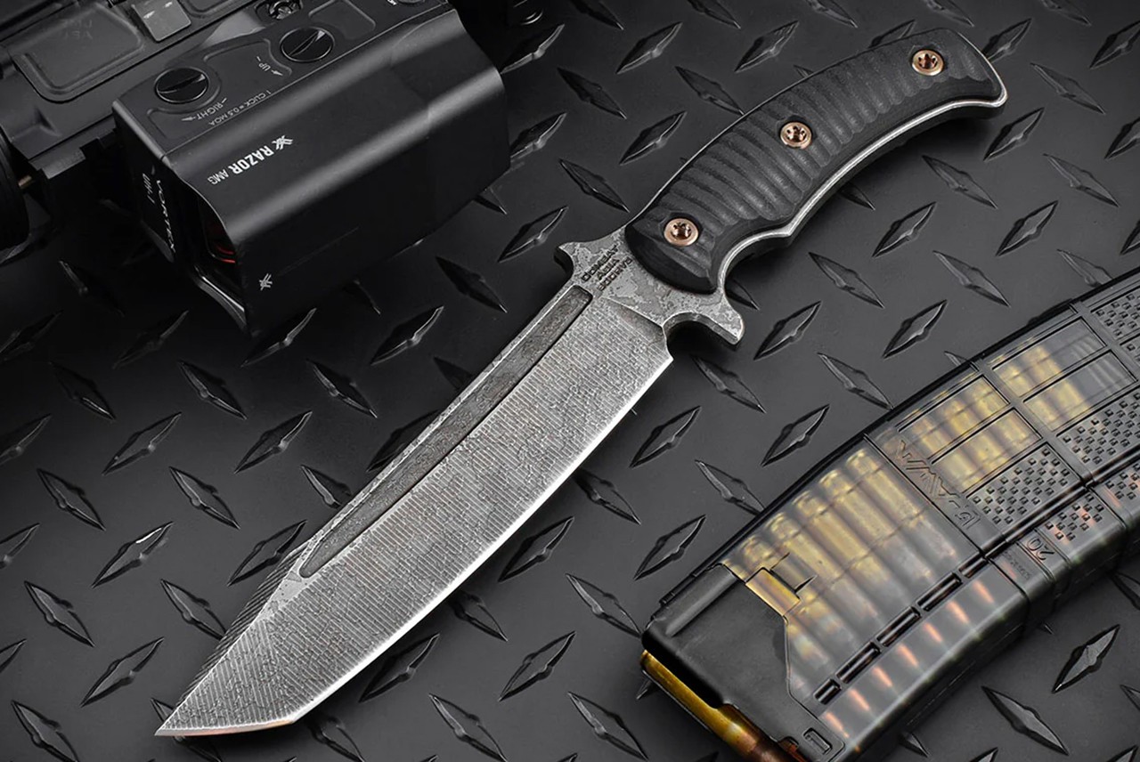 RMJ Tactical Combat Asia  Acid Etched Blade w/ Black G-10 Handles and Sheath