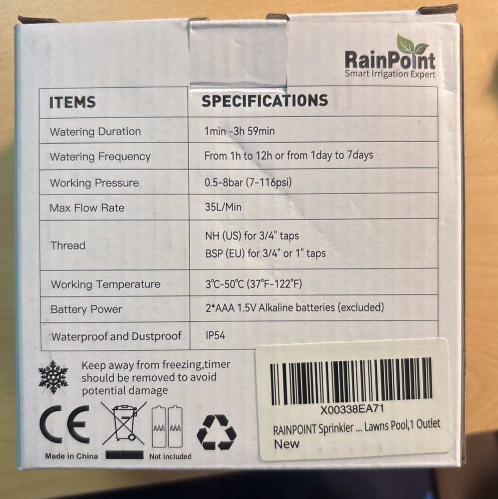 RainPoint 1-Zone Water Timer Model ITV105, New In Box