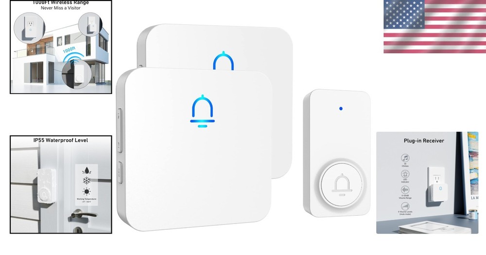 Easy Install Wireless Doorbell, Adjustable Volume, White
