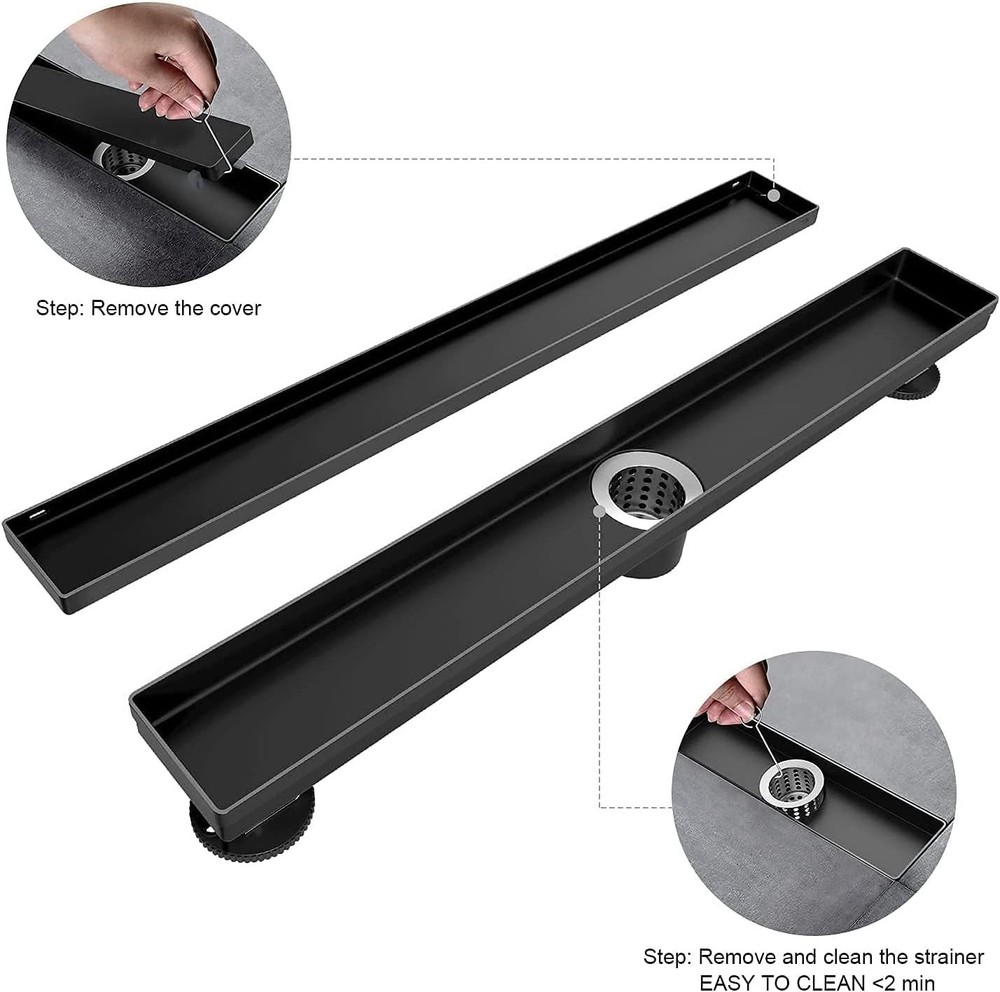 Linear Shower Drain 28 Inch Matte Black with Reversible Flat & Tile Insert Cover