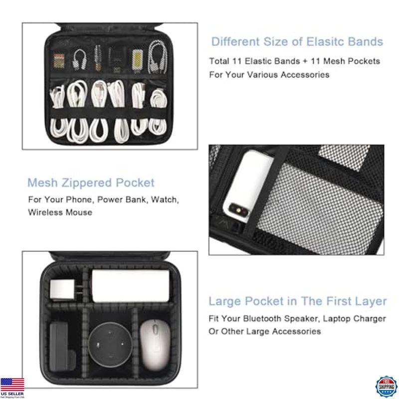 Waterproof Cable Organizer Bag, Double Layer Tech Storage with Adjustable
