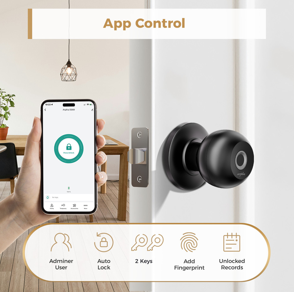 ARPHA Keyless Entry Smart Door Lock Fingerprint App Control Silent Mode Handle