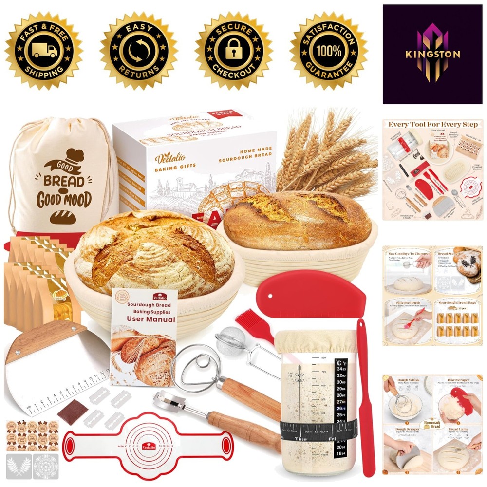 Sourdough Starter Kit with Rattan Proofing Baskets & Professional Tools Set