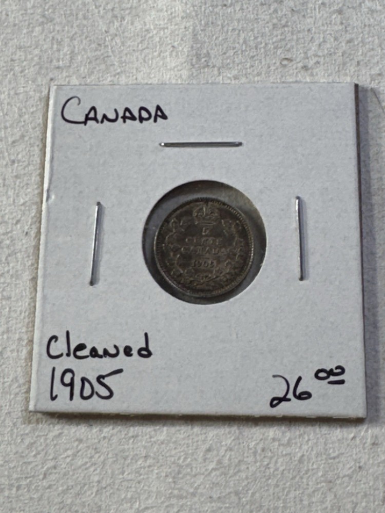1905 Canada 5 Cents Small Silver Coin Cleaned