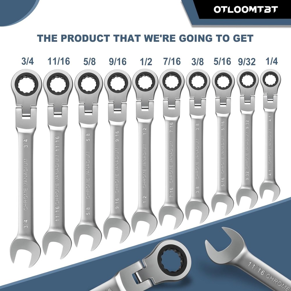 10pcs SAE Ratcheting Combination Wrench Set Flex Head Fixed Head Spanners kit