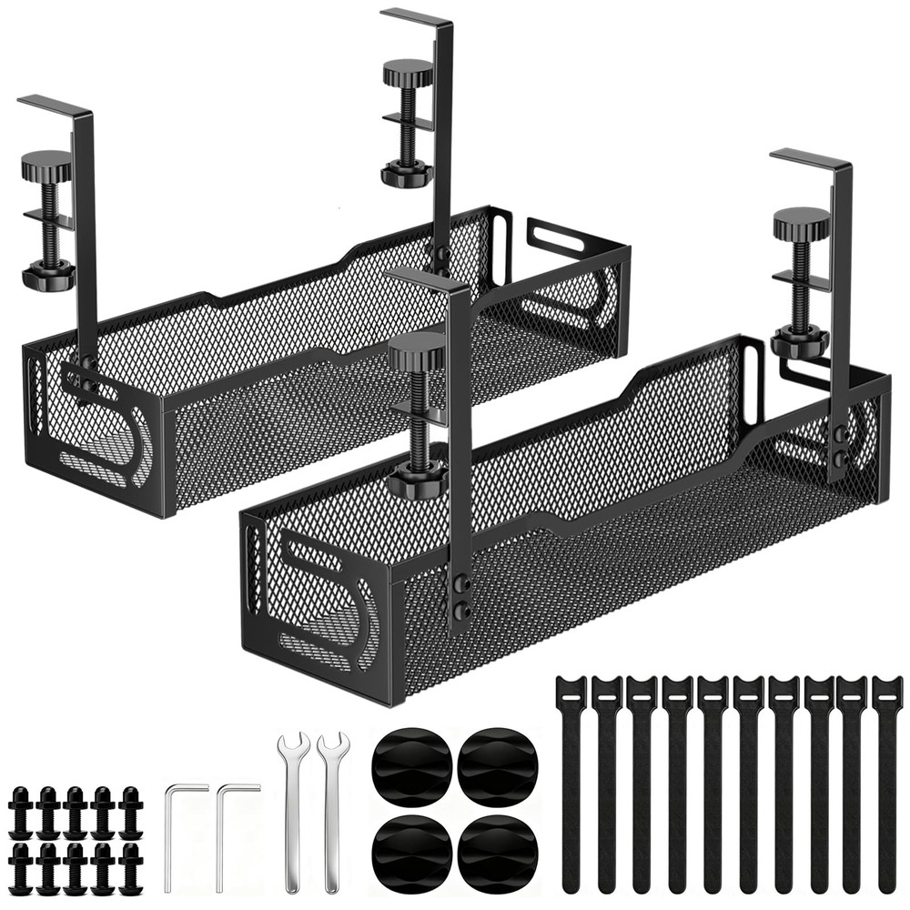 2Pack Under Desk Cable Management Tray, No Drill 2Pack-Black (15.3''+15.7'')