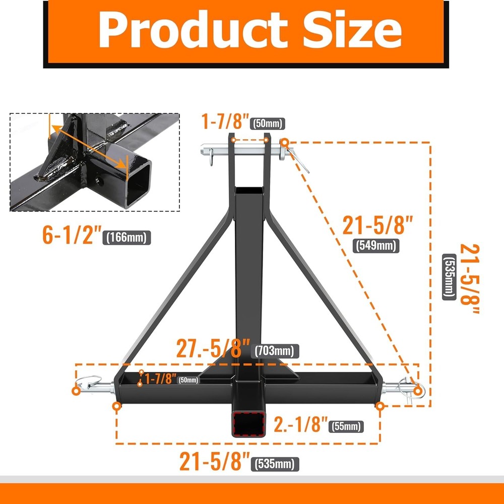 3 Point 2" Receiver Trailer Hitch Category One Tractor