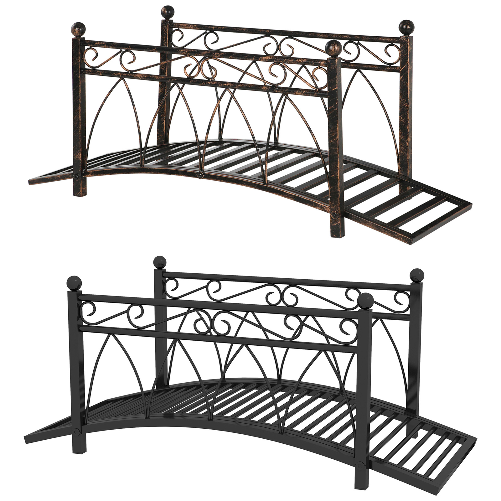 3.3' Metal Garden Bridge, Safety Railings, Spheres, Scrollwork for Pond, Stream