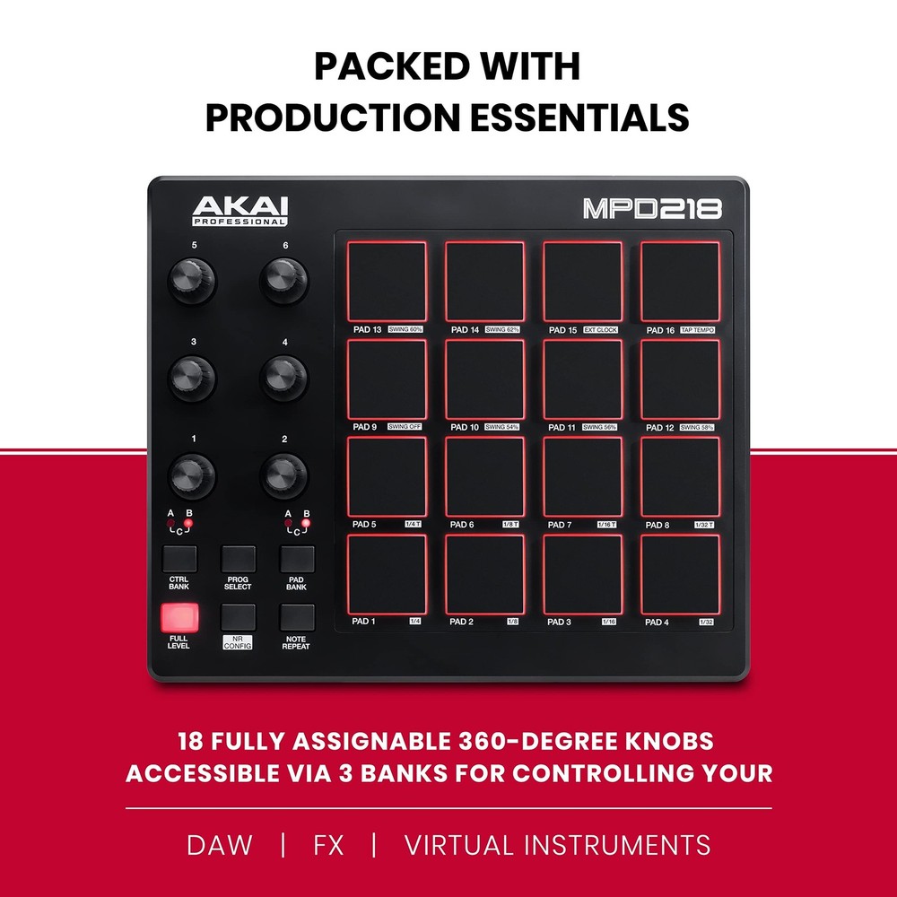 Professional MPD218-USB MIDI Controller with 16 MPC Drum Pads, 6 Assignable