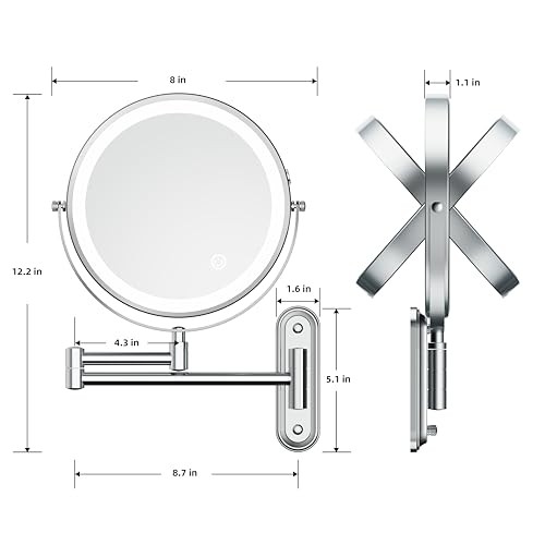 Rechargeable Wall Mounted Lighted Makeup Mirror, 8 Inch Narrow Base-chrome