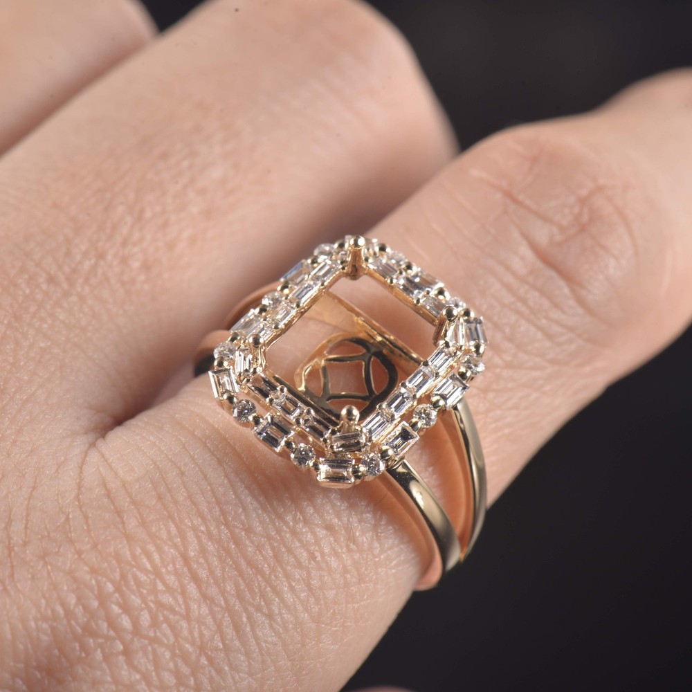 Art Deco Emerald Cut 8×10mm Setting Natural Diamond Lady Ring Solid 14K YG Mount