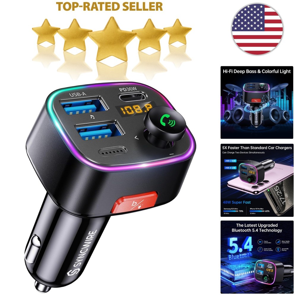 Bluetooth 5.4 FM Transmitter Car Adapter 48W PD - HiFi Sound