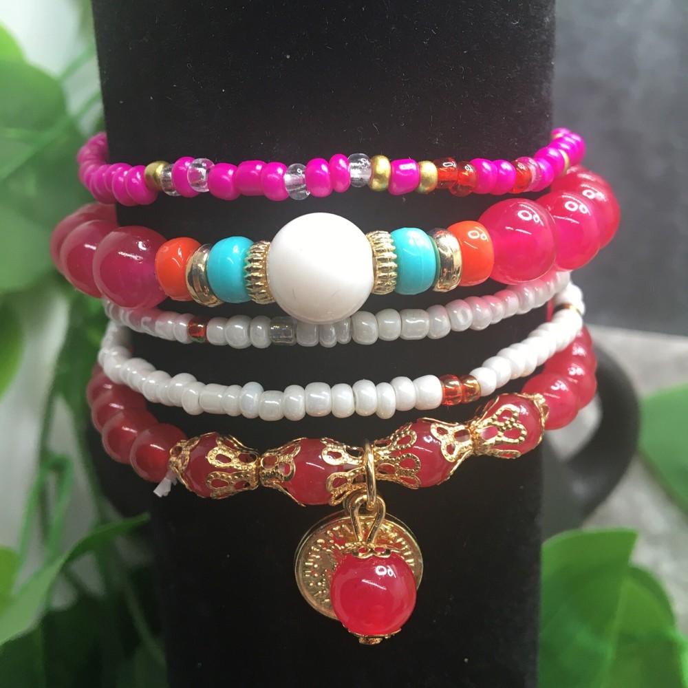 5 PC Handmade Boho Beaded Stackable 6.5" Plus Stretch Bracelet Set New A1898