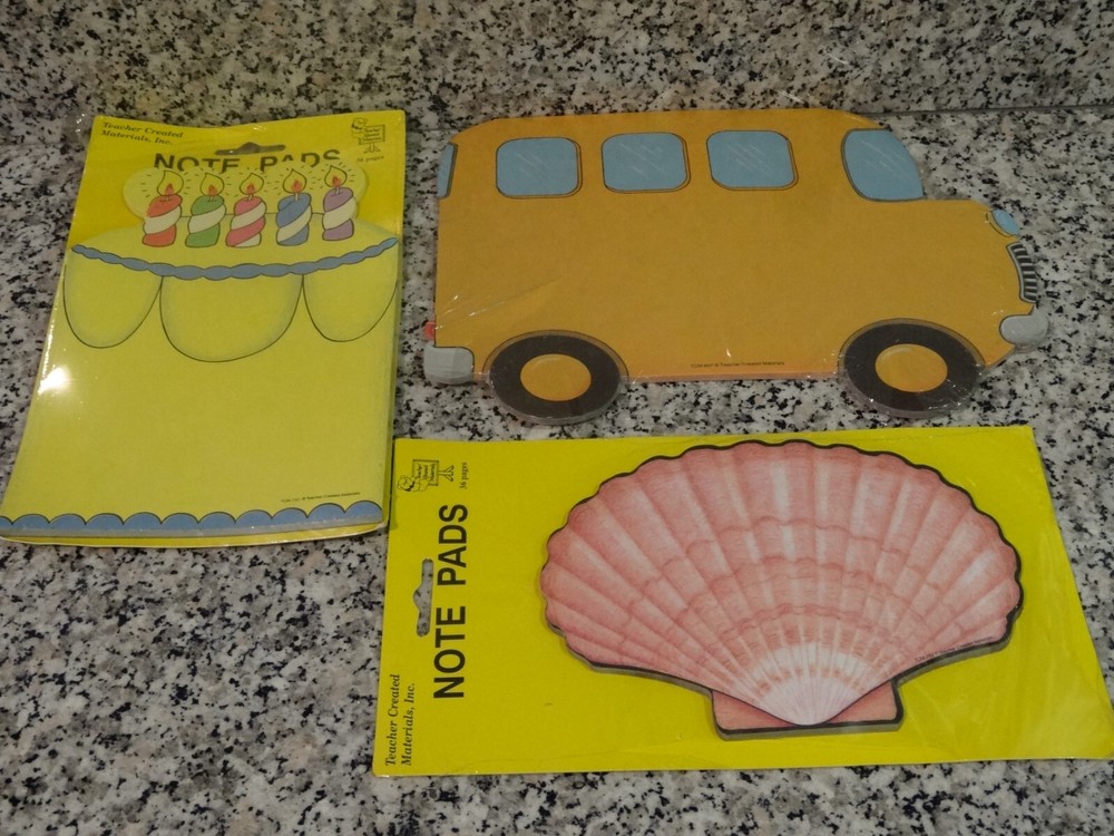 Teacher Created Materials 3 Different Note Pads-Birthday Cake, Seashell, & Bus